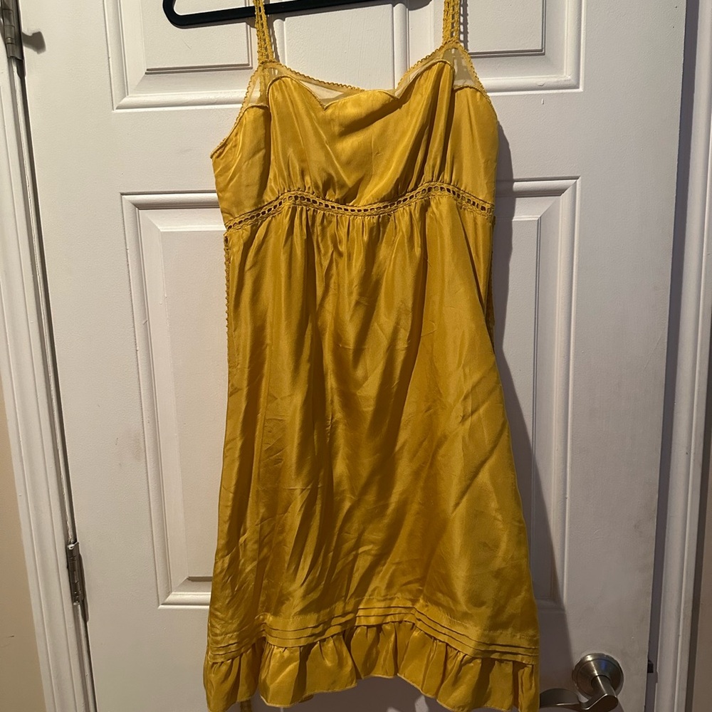 Anthropologie Viola Chic Yellow Midi Dress with Lace Accents Size 6